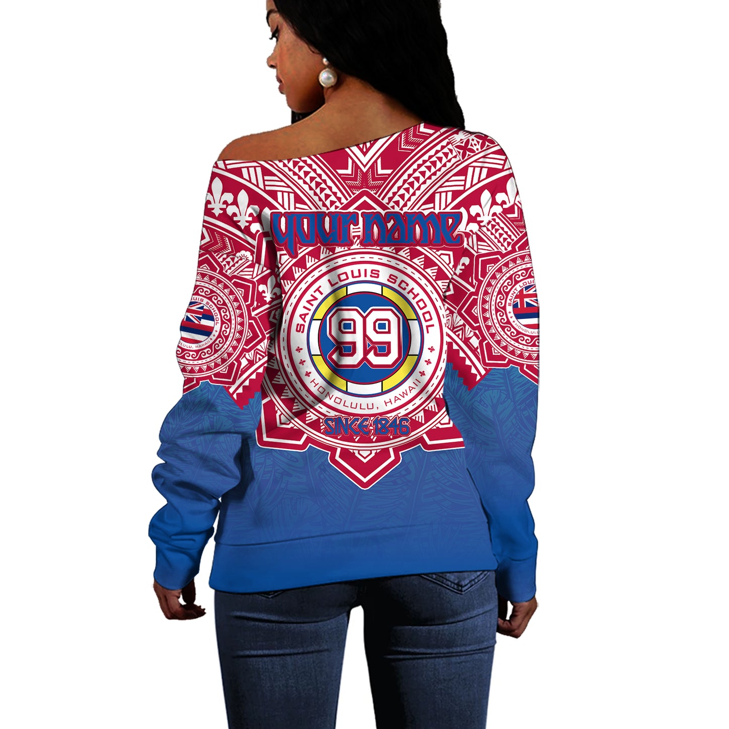 Hawaii Off Shoulder Sweatshirt Custom Saint Louis School Memor et Fidelis Brother Hood For Life Tribal Style