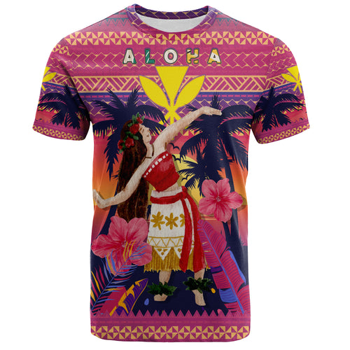 Hawaii T-Shirt Custom Aloha Hula Girl Dancing In Tropical Palm Trees At Sunset Kakau Style