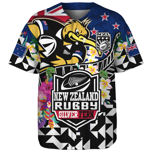 New Zealand Baseball Shirt Custom Maori Kiwis Rugby Silver Fern Black Hexagon Tropical Jersey