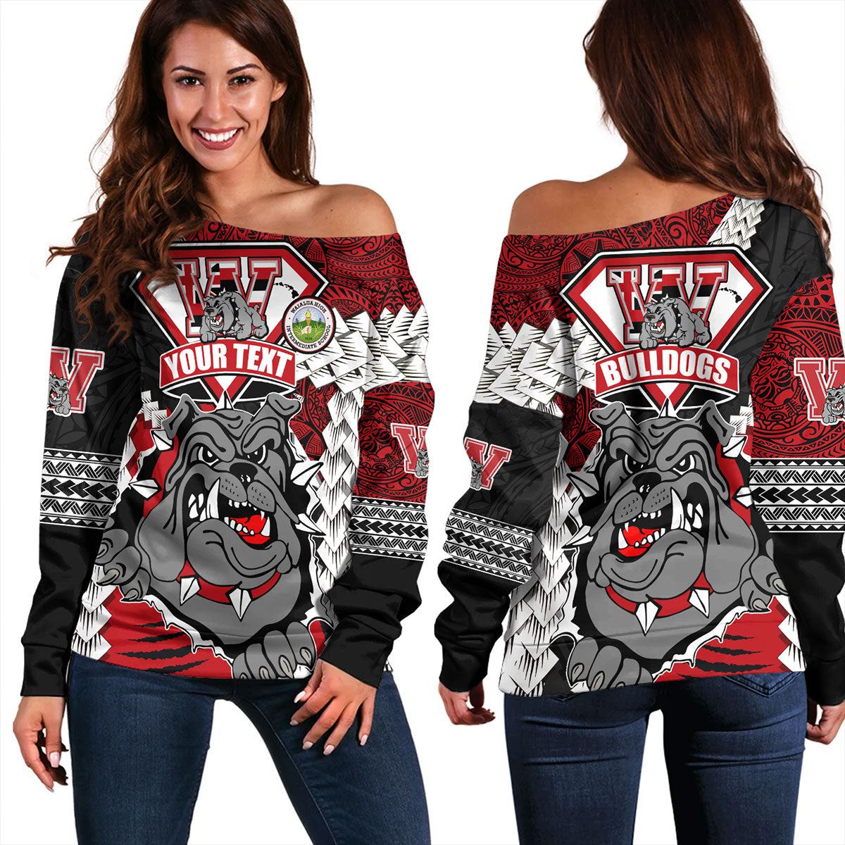 Hawaii Off Shoulder Sweatshirt Custom Waialua High & Intermediate School Bulldogs Pride Polynesian Style