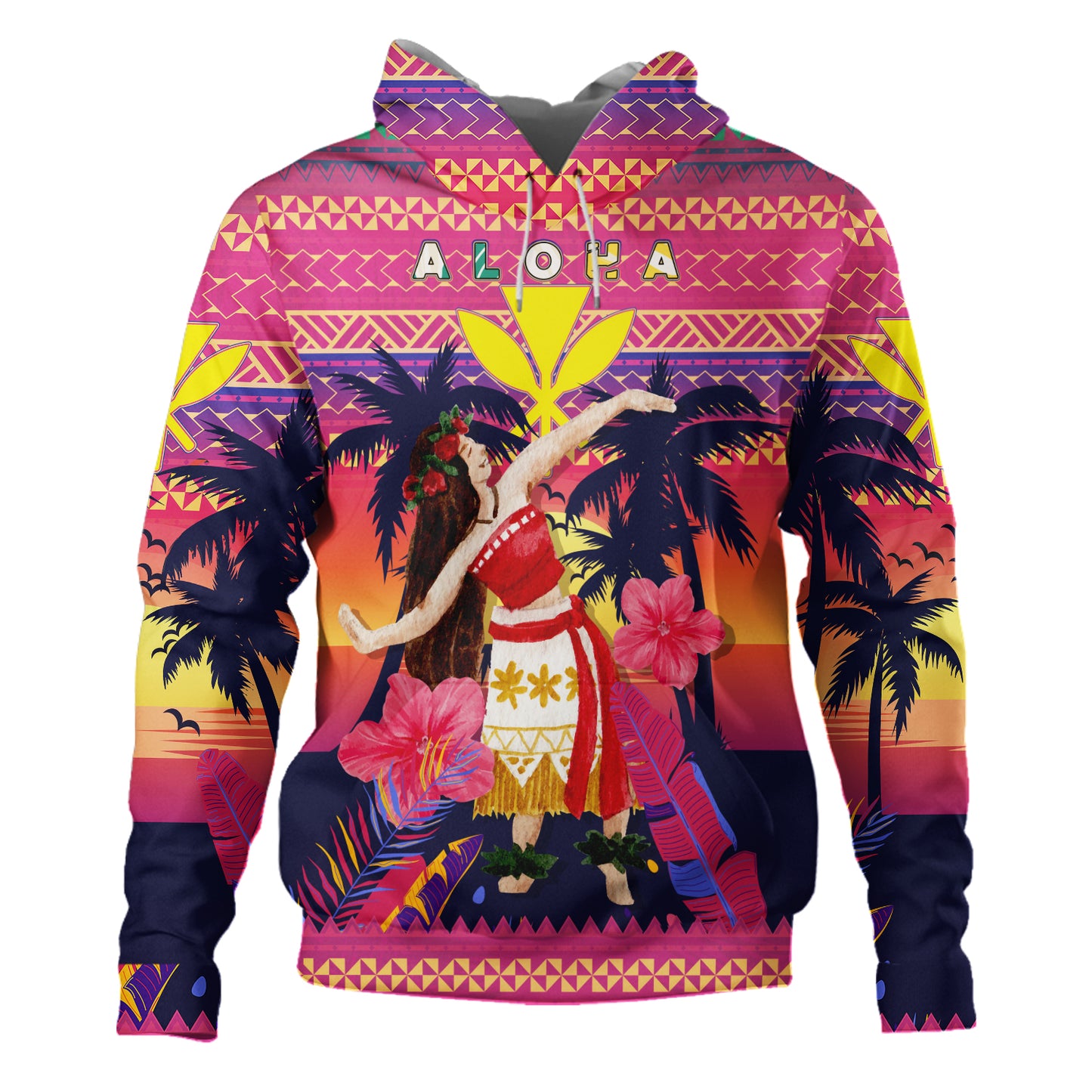 Hawaii Hoodie Custom Aloha Hula Girl Dancing In Tropical Palm Trees At Sunset Kakau Style