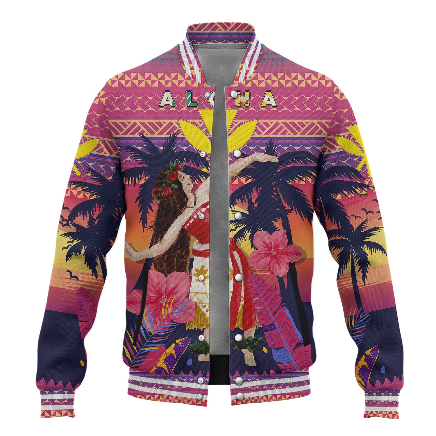 Hawaii Baseball Jacket Custom Aloha Hula Girl Dancing In Tropical Palm Trees At Sunset Kakau Style