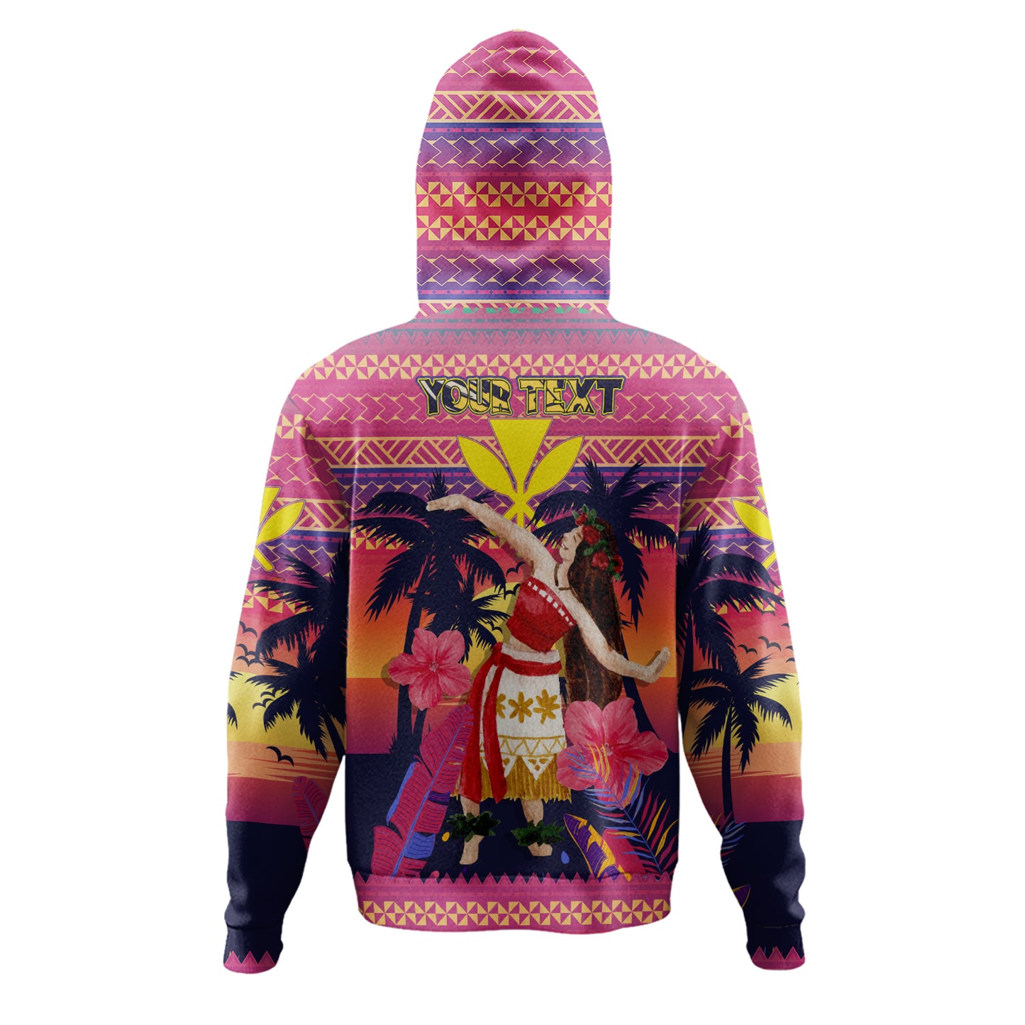 Hawaii Hoodie Custom Aloha Hula Girl Dancing In Tropical Palm Trees At Sunset Kakau Style