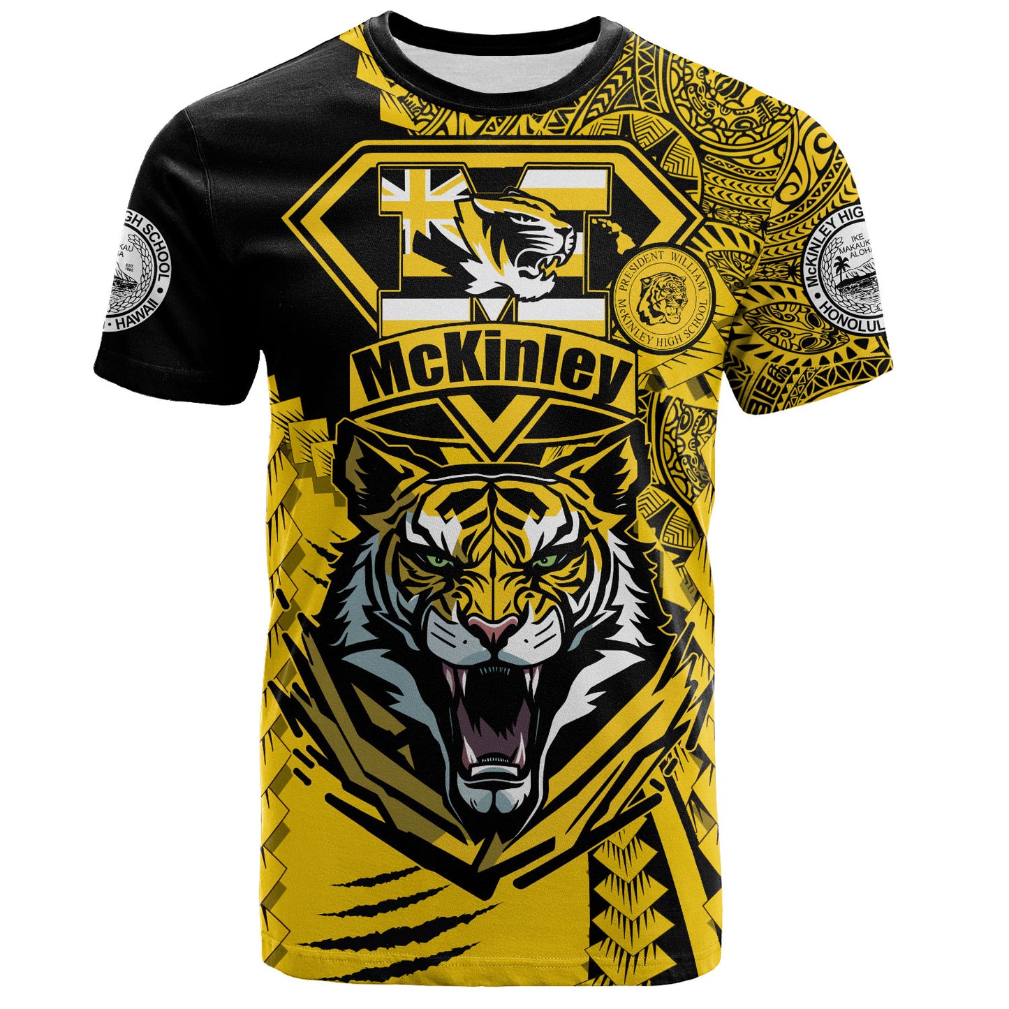 Hawaii T-Shirt Custom McKinley High School Tigers Black and Gold Polynesian Style