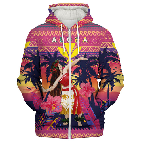 Hawaii Sherpa Hoodie Custom Aloha Hula Girl Dancing In Tropical Palm Trees At Sunset Kakau Style