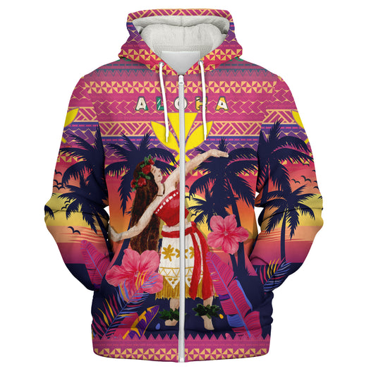 Hawaii Sherpa Hoodie Custom Aloha Hula Girl Dancing In Tropical Palm Trees At Sunset Kakau Style