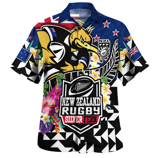 New Zealand Hawaiian Shirt Custom Maori Kiwis Rugby Silver Fern Black Hexagon Tropical Jersey