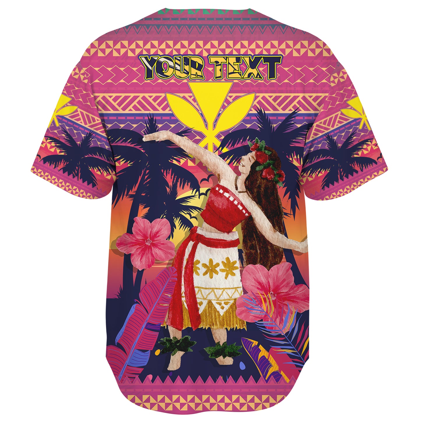 Hawaii Baseball Shirt Custom Aloha Hula Girl Dancing In Tropical Palm Trees At Sunset Kakau Style