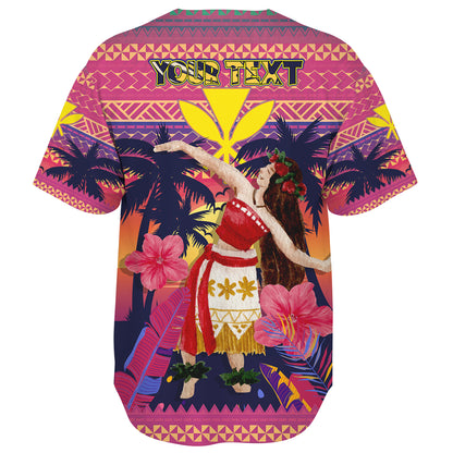 Hawaii Baseball Shirt Custom Aloha Hula Girl Dancing In Tropical Palm Trees At Sunset Kakau Style