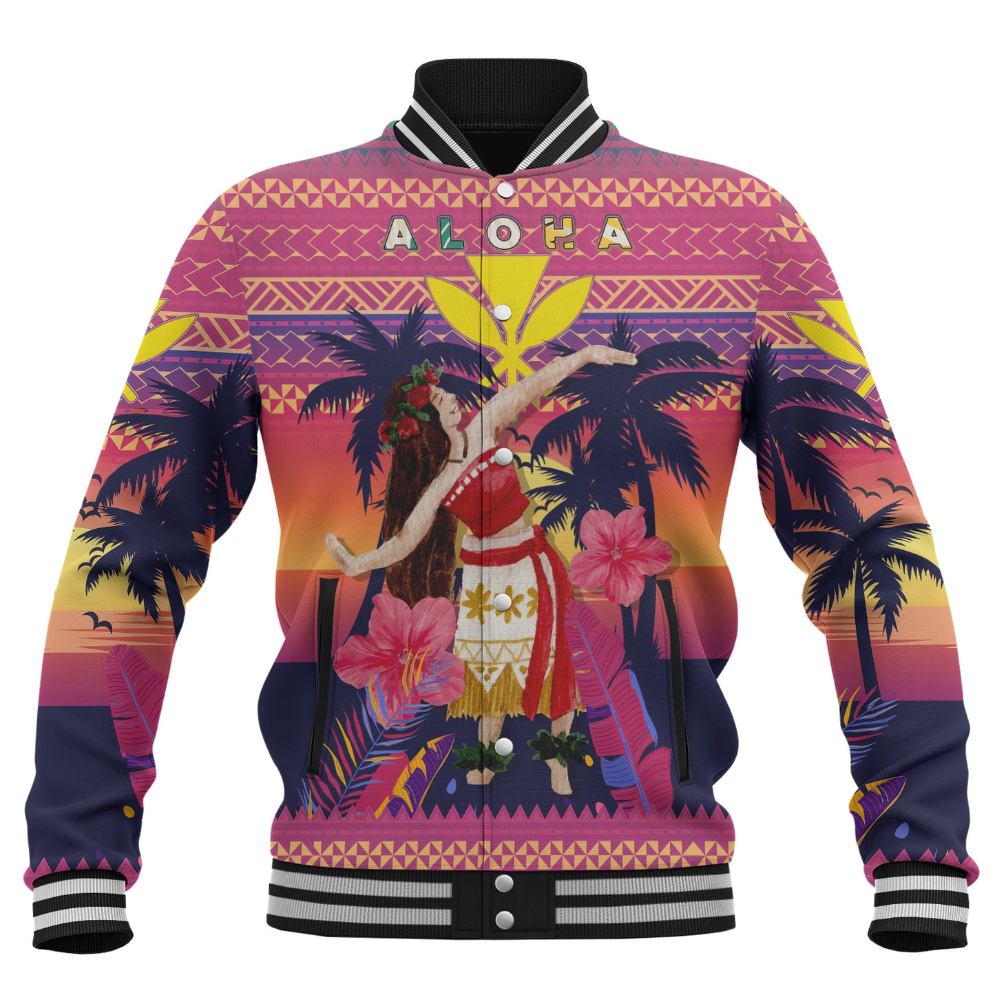 Hawaii Baseball Jacket Custom Aloha Hula Girl Dancing In Tropical Palm Trees At Sunset Kakau Style