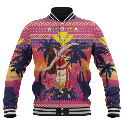 Hawaii Baseball Jacket Custom Aloha Hula Girl Dancing In Tropical Palm Trees At Sunset Kakau Style