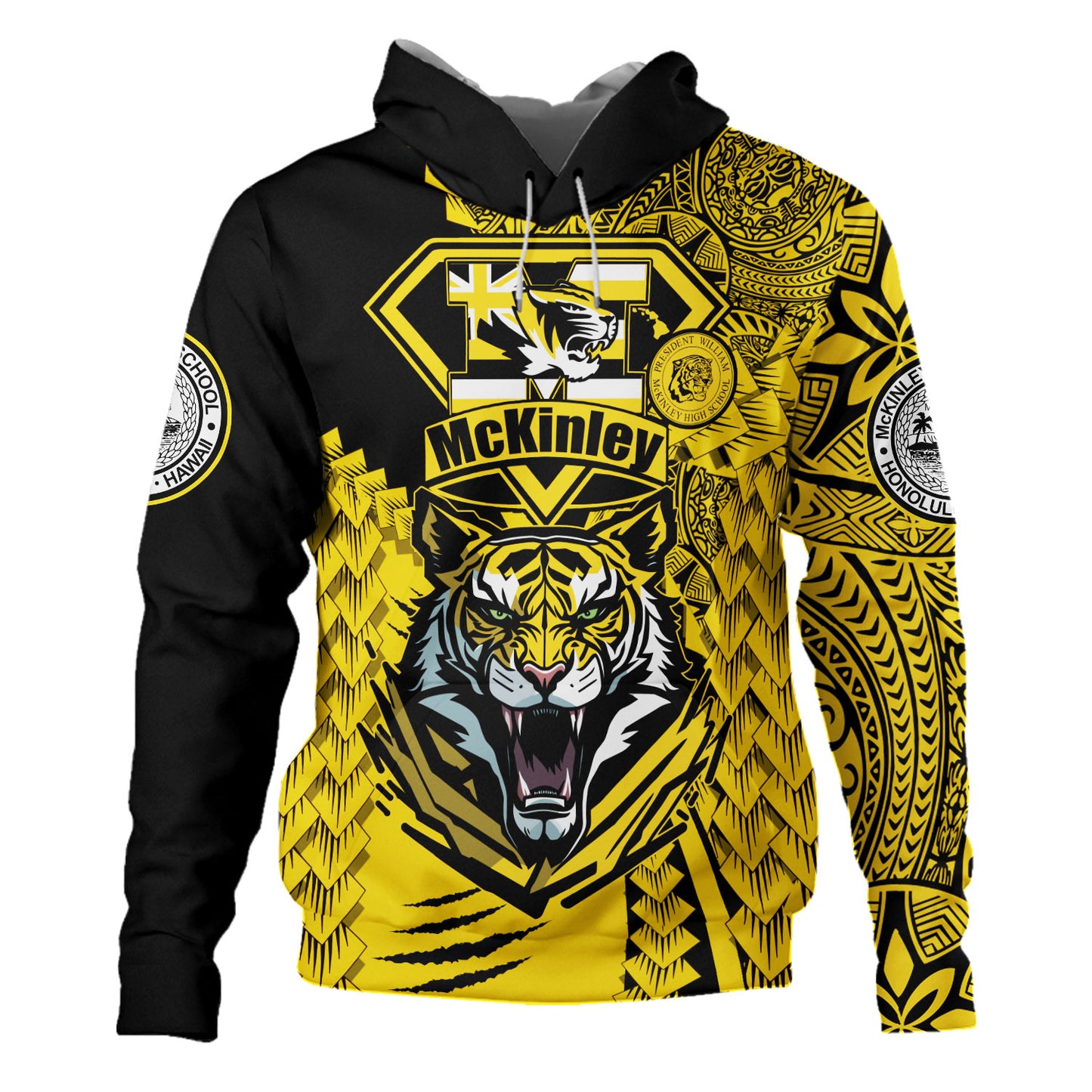 Hawaii Hoodie Custom McKinley High School Tigers Black and Gold Polynesian Style