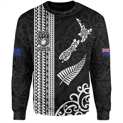 New Zealand Sweatshirt Custom NZ Rugby Silver Fern And Map Maori Tribal Black Jersey