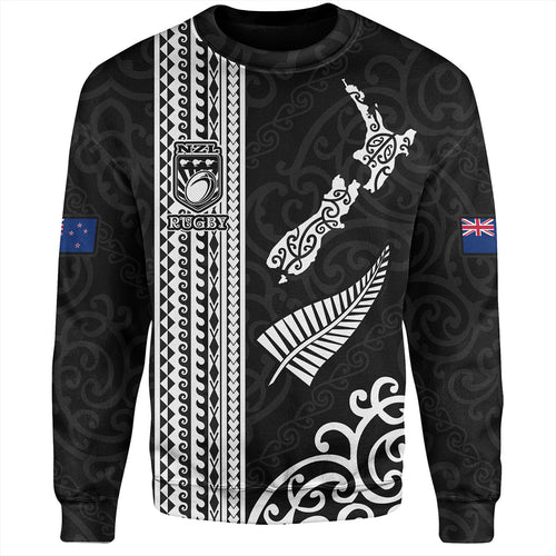 New Zealand Sweatshirt Custom NZ Rugby Silver Fern And Map Maori Tribal Black Jersey