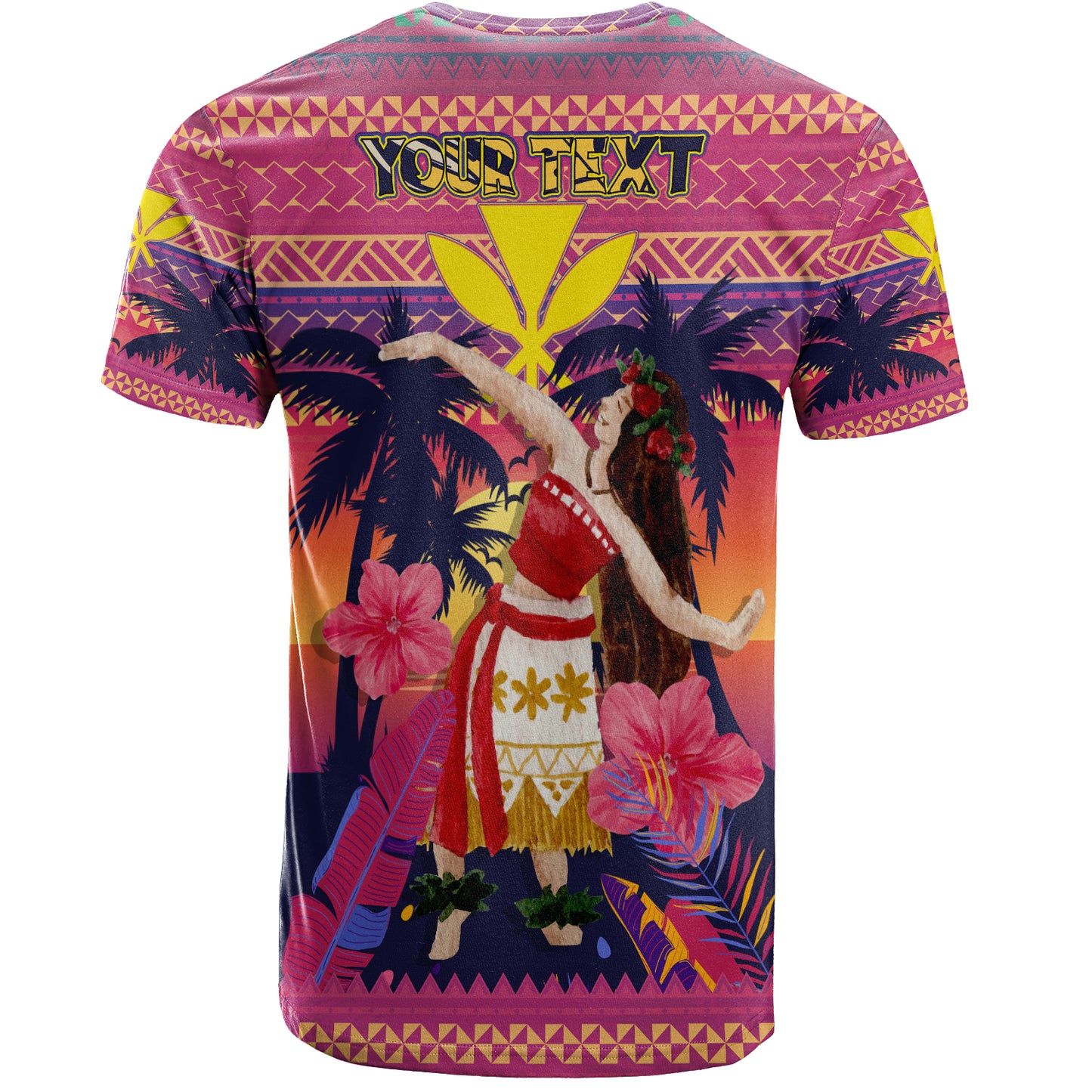 Hawaii T-Shirt Custom Aloha Hula Girl Dancing In Tropical Palm Trees At Sunset Kakau Style