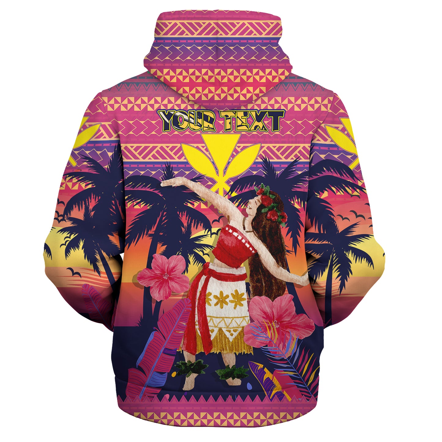 Hawaii Sherpa Hoodie Custom Aloha Hula Girl Dancing In Tropical Palm Trees At Sunset Kakau Style