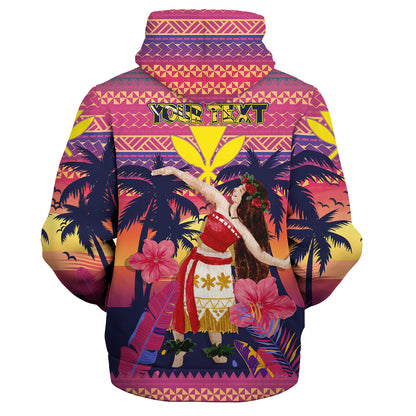 Hawaii Sherpa Hoodie Custom Aloha Hula Girl Dancing In Tropical Palm Trees At Sunset Kakau Style