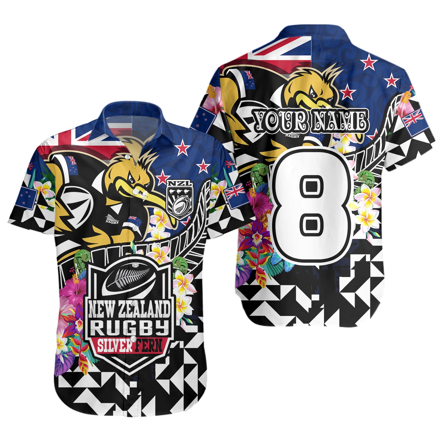 New Zealand Short Sleeve Shirt Custom Maori Kiwis Rugby Silver Fern Black Hexagon Tropical Jersey