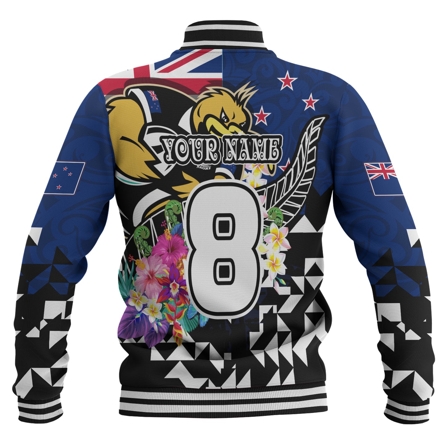 New Zealand Baseball Jacket Custom Maori Kiwis Rugby Silver Fern Black Hexagon Tropical Jersey