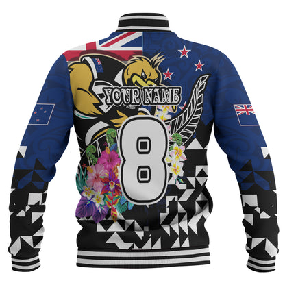 New Zealand Baseball Jacket Custom Maori Kiwis Rugby Silver Fern Black Hexagon Tropical Jersey
