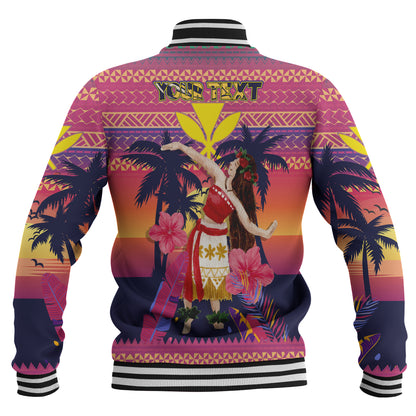 Hawaii Baseball Jacket Custom Aloha Hula Girl Dancing In Tropical Palm Trees At Sunset Kakau Style