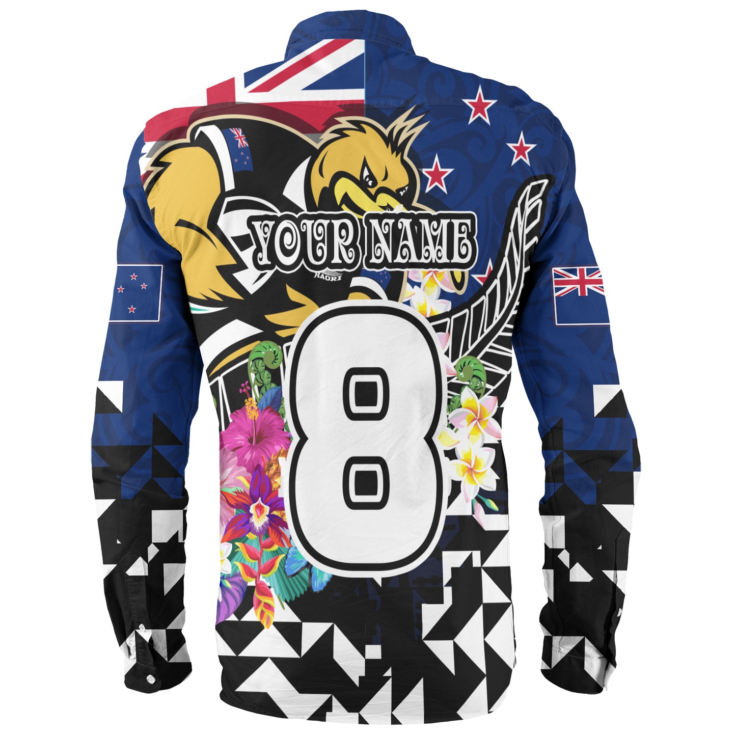 New Zealand Long Sleeve Shirt Custom Maori Kiwis Rugby Silver Fern Black Hexagon Tropical Jersey