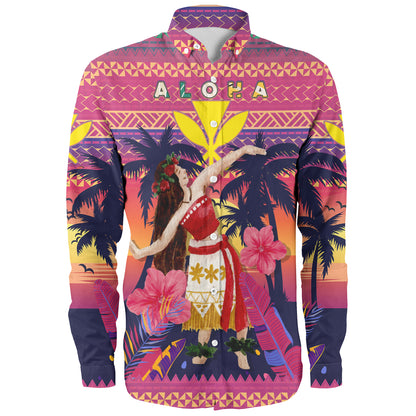 Hawaii Long Sleeve Shirt Custom Aloha Hula Girl Dancing In Tropical Palm Trees At Sunset Kakau Style