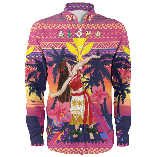 Hawaii Long Sleeve Shirt Custom Aloha Hula Girl Dancing In Tropical Palm Trees At Sunset Kakau Style