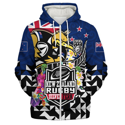 New Zealand Sherpa Hoodie Custom Maori Kiwis Rugby Silver Fern Black Hexagon Tropical Jersey