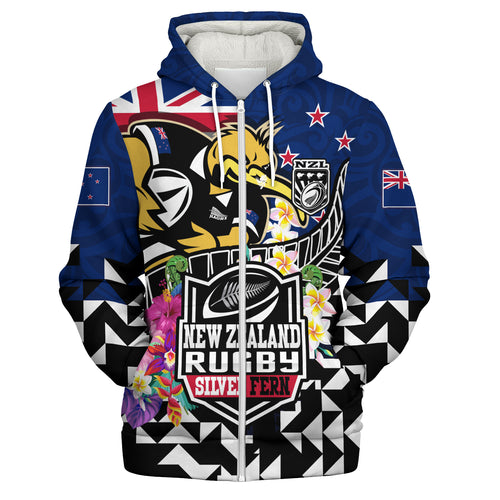 New Zealand Sherpa Hoodie Custom Maori Kiwis Rugby Silver Fern Black Hexagon Tropical Jersey