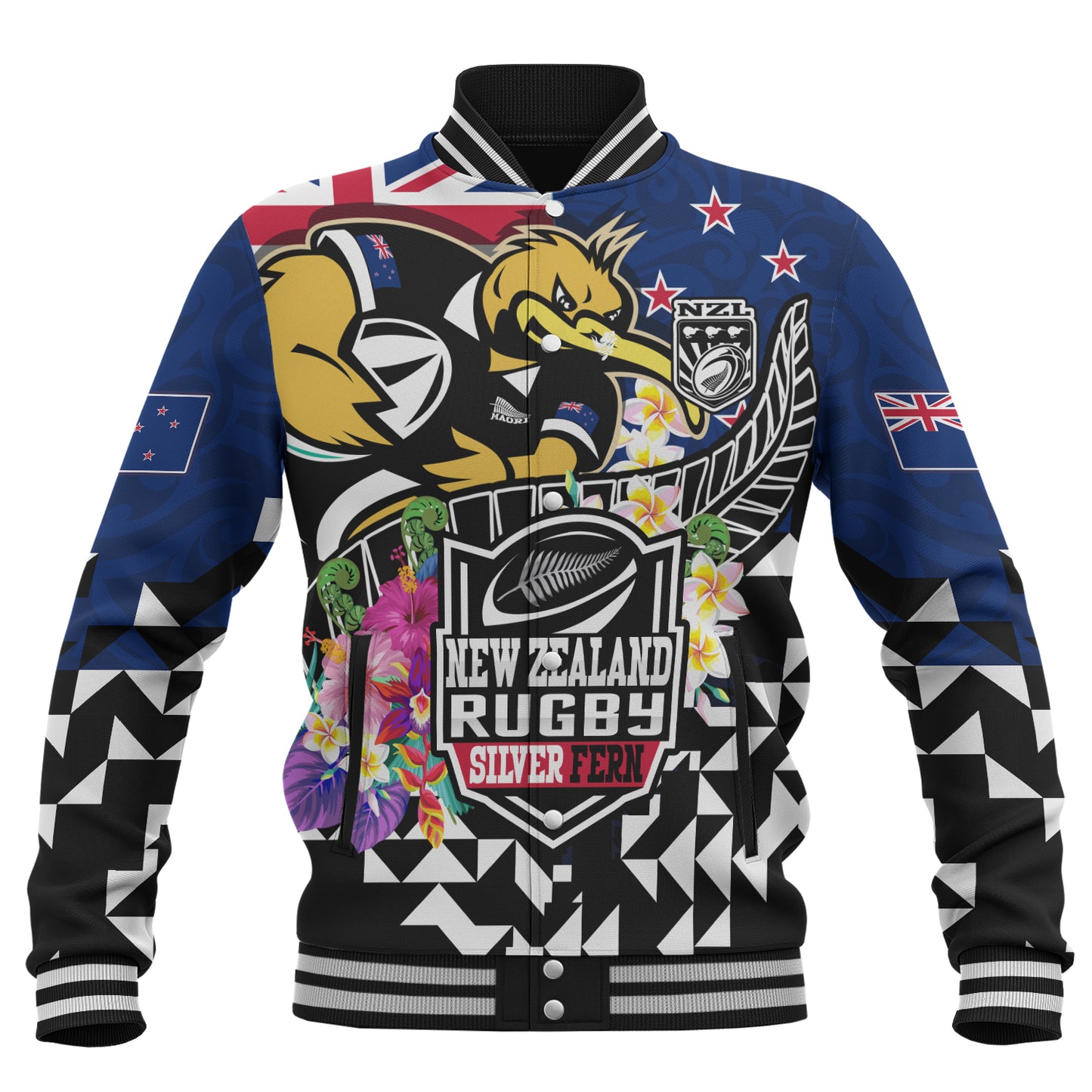 New Zealand Baseball Jacket Custom Maori Kiwis Rugby Silver Fern Black Hexagon Tropical Jersey