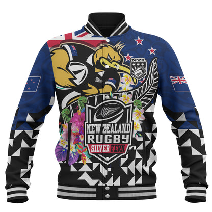 New Zealand Baseball Jacket Custom Maori Kiwis Rugby Silver Fern Black Hexagon Tropical Jersey