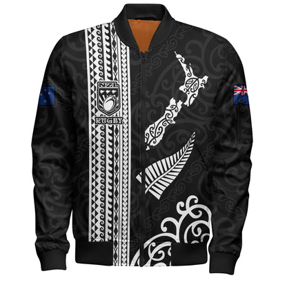 New Zealand Bomber Jacket Custom NZ Rugby Silver Fern And Map Maori Tribal Black Jersey