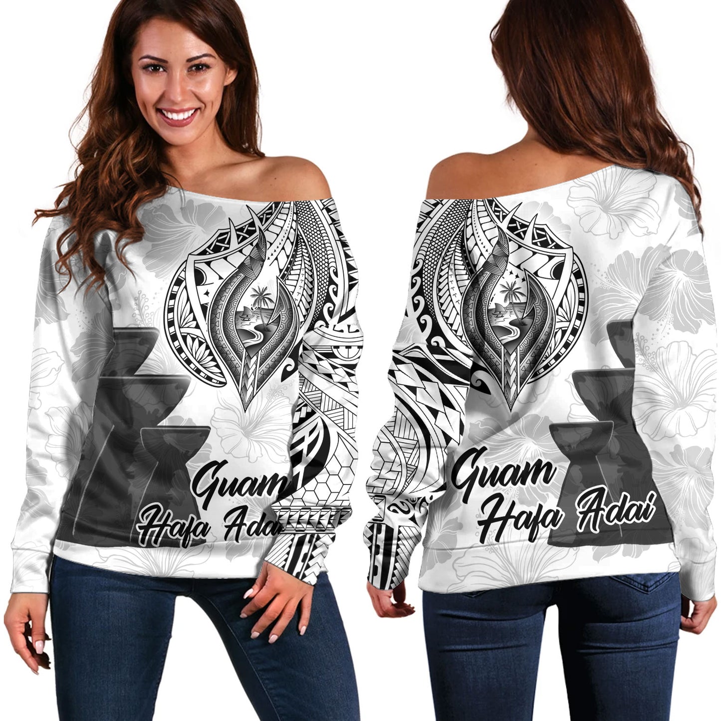 Guam Off Shoulder Sweatshirt Hafa Adai Guam Seal Half Sleeve Tattoo