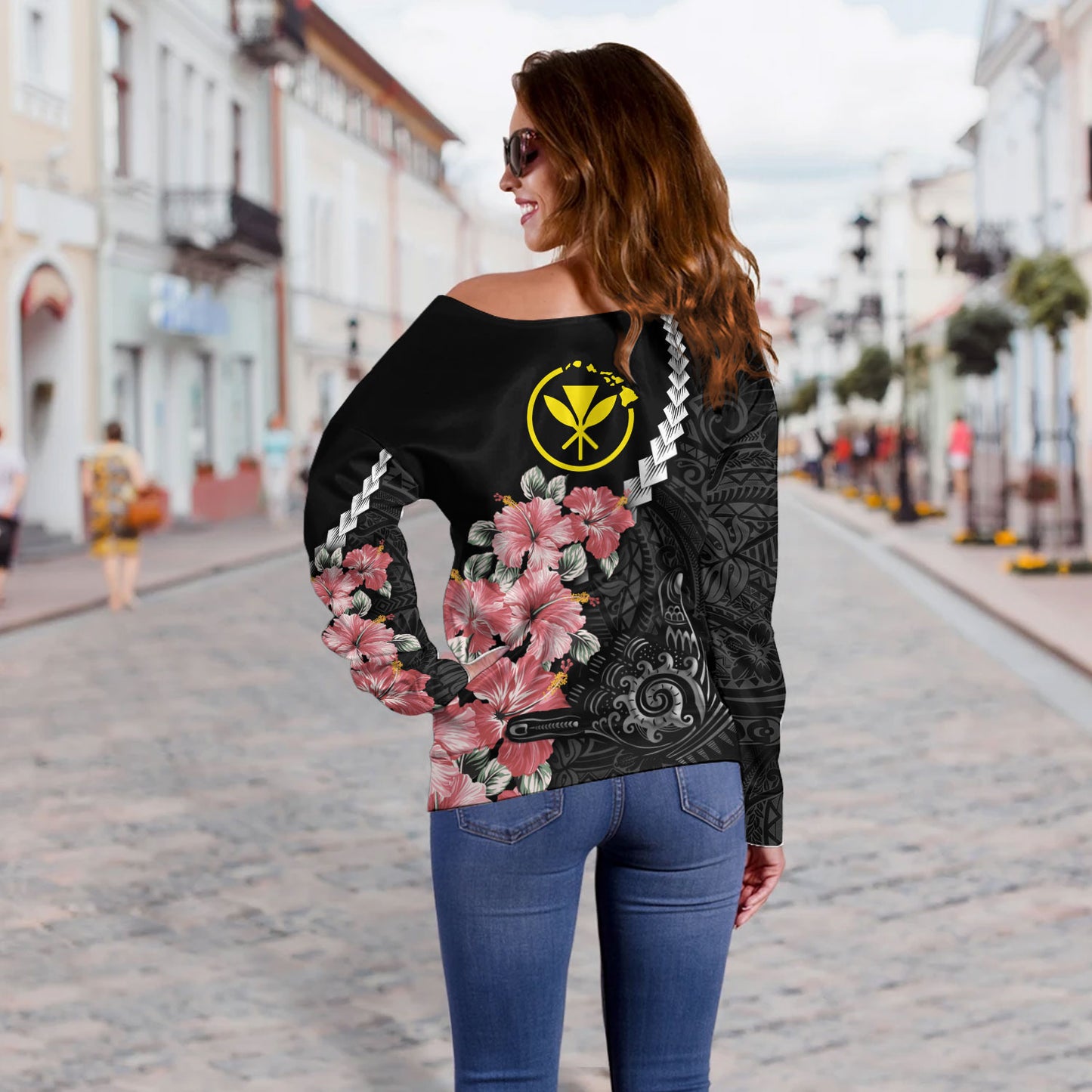 Hawaii Off Shoulder Sweatshirt Shaka Hand Tropical Flowers Polynesian Designs