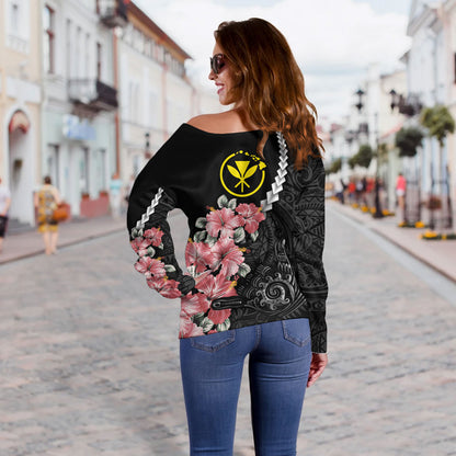 Hawaii Off Shoulder Sweatshirt Shaka Hand Tropical Flowers Polynesian Designs