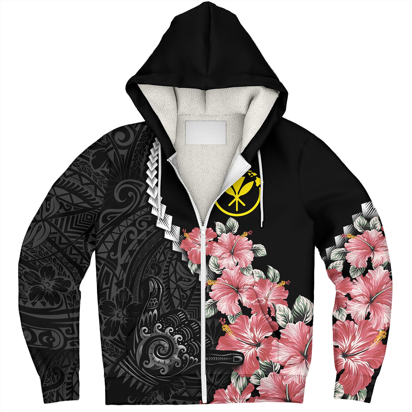 Hawaii Sherpa Hoodie Shaka Hand Tropical Flowers Polynesian Designs