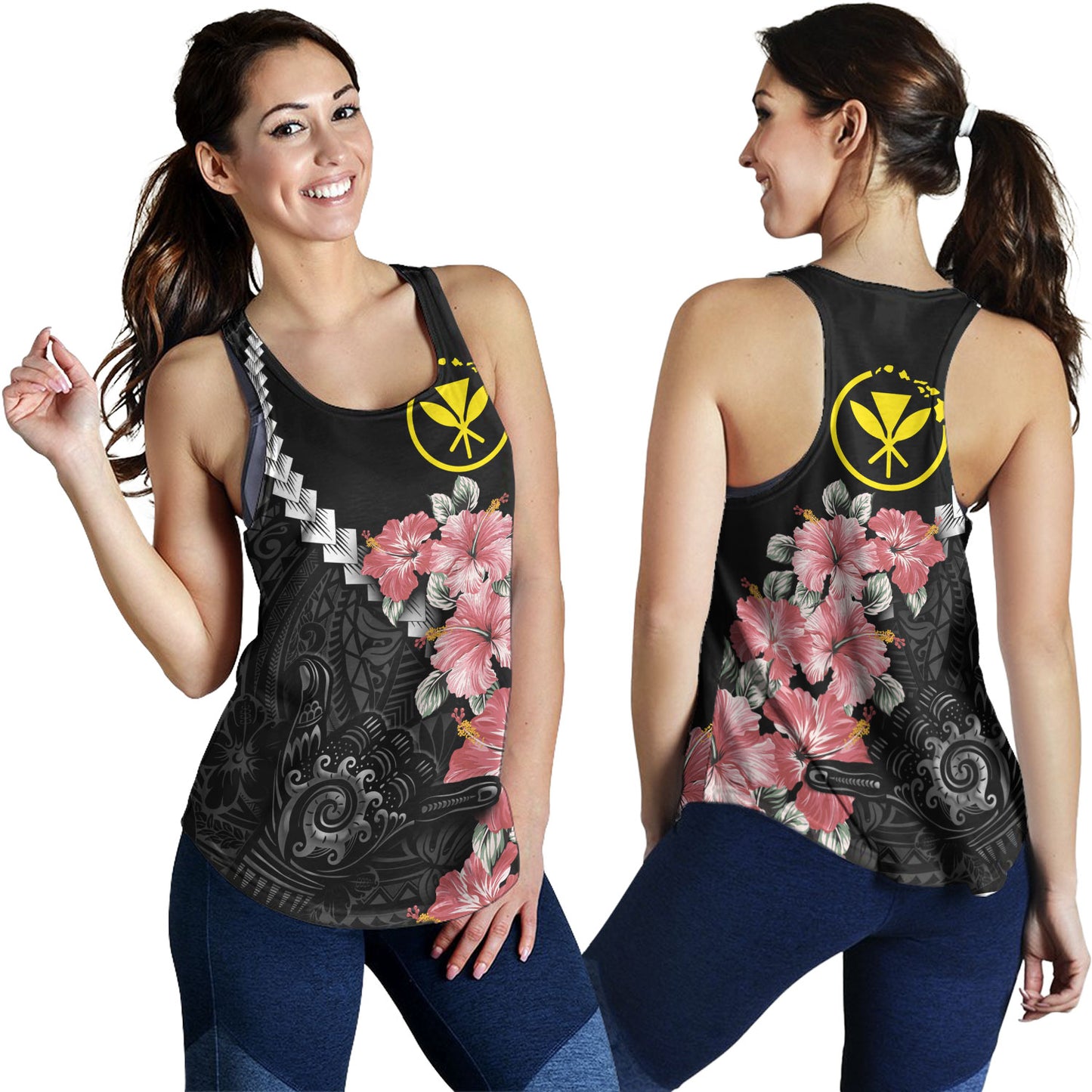 Hawaii Women Tank Shaka Hand Tropical Flowers Polynesian Designs
