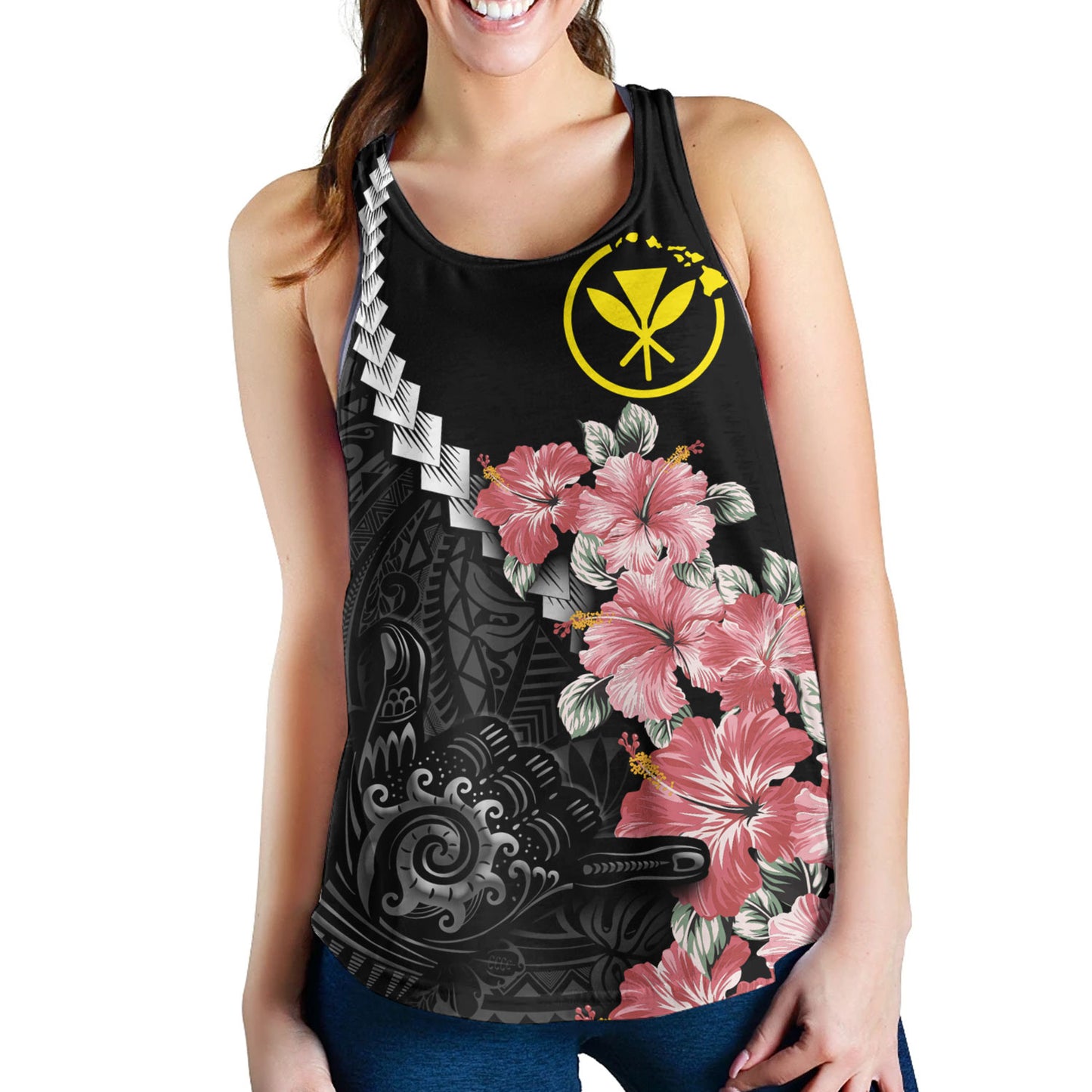 Hawaii Women Tank Shaka Hand Tropical Flowers Polynesian Designs