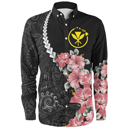 Hawaii Long Sleeve Shirt Shaka Hand Tropical Flowers Polynesian Designs