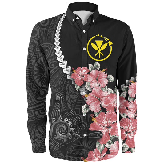 Hawaii Long Sleeve Shirt Shaka Hand Tropical Flowers Polynesian Designs