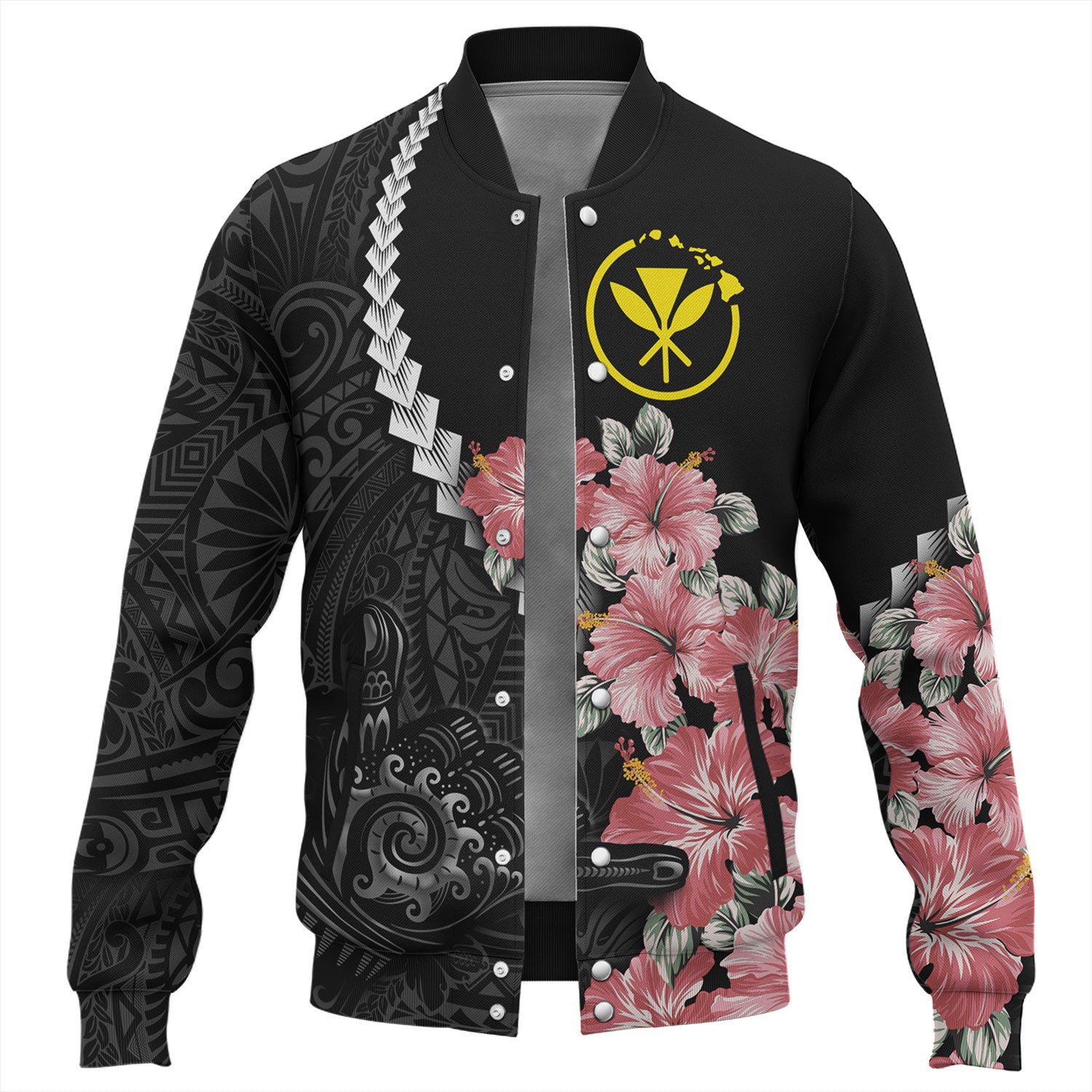 Hawaii Baseball Jacket Shaka Hand Tropical Flowers Polynesian Designs