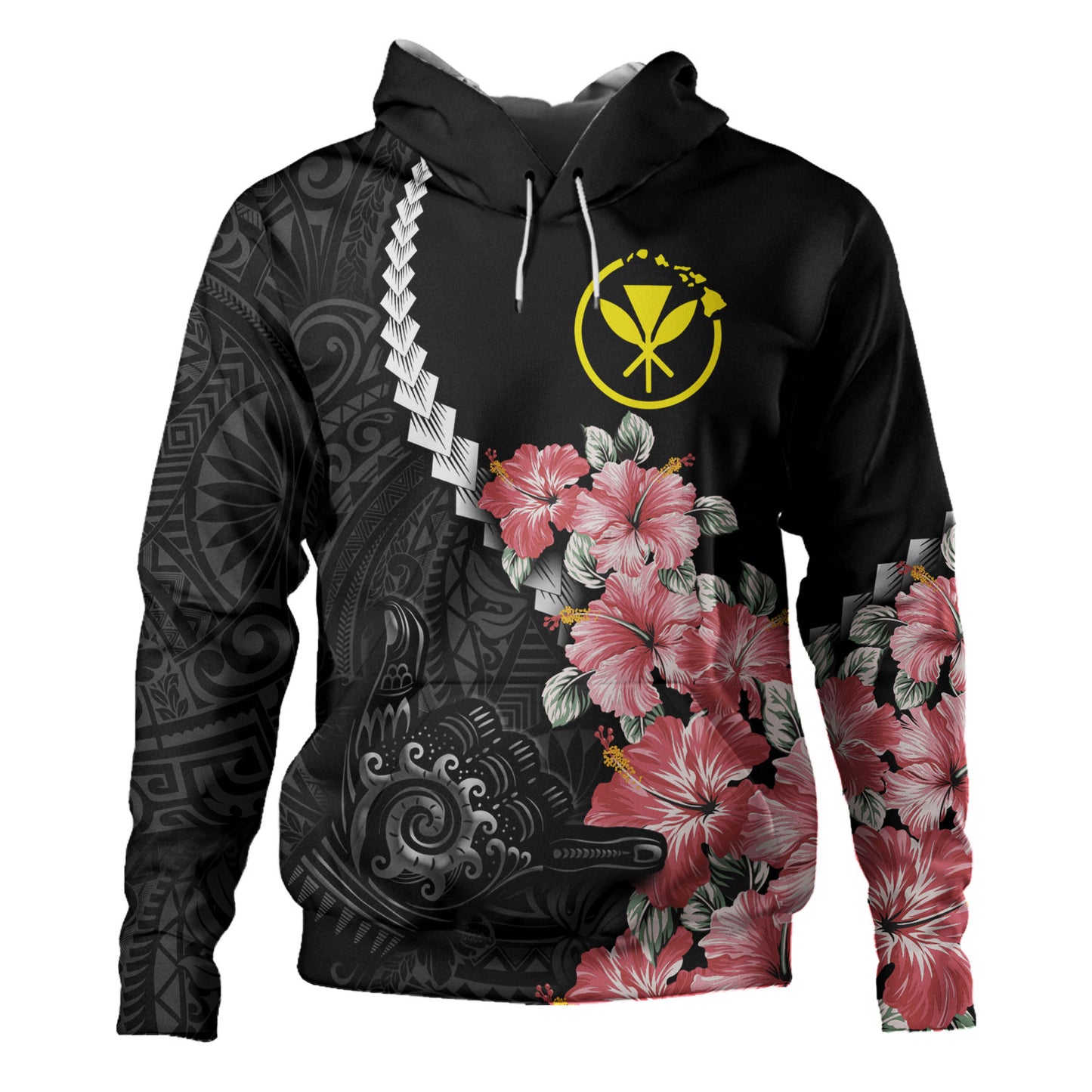 Hawaii Hoodie Shaka Hand Tropical Flowers Polynesian Designs