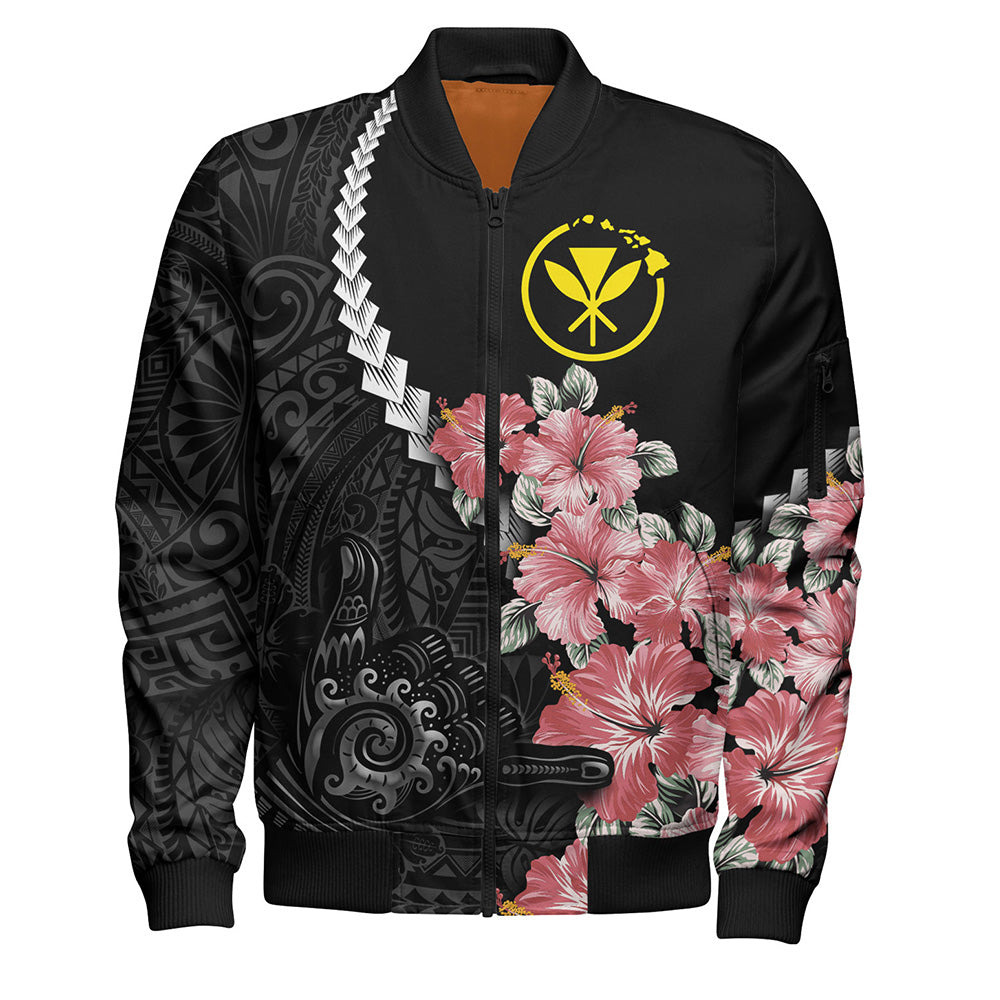 Hawaii Bomber Jacket Shaka Hand Tropical Flowers Polynesian Designs