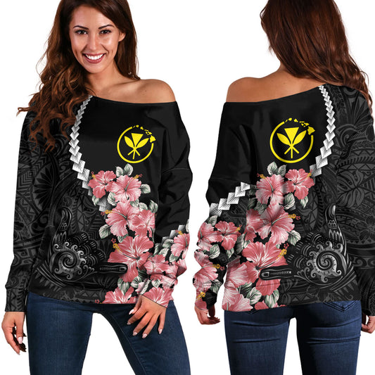 Hawaii Off Shoulder Sweatshirt Shaka Hand Tropical Flowers Polynesian Designs