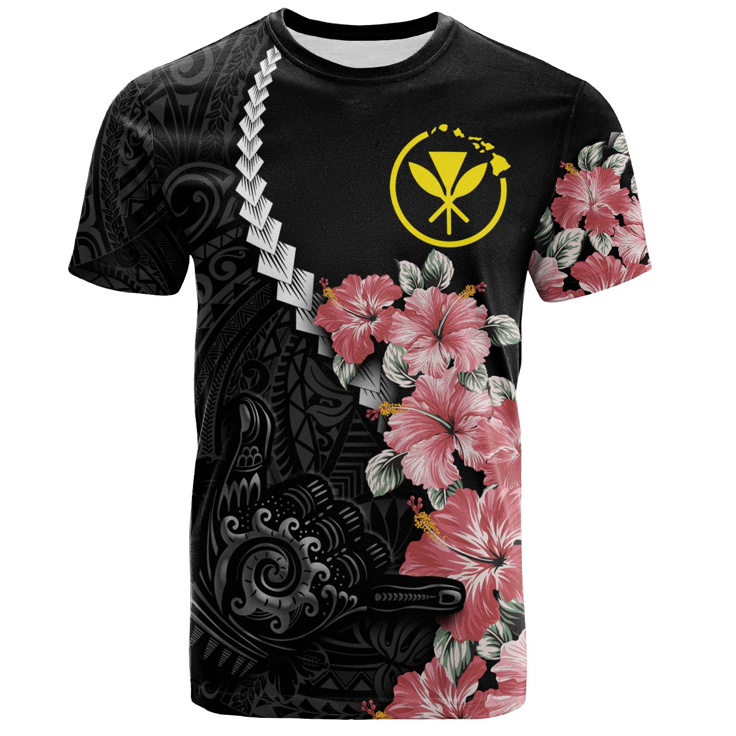 Hawaii T-Shirt Shaka Hand Tropical Flowers Polynesian Designs