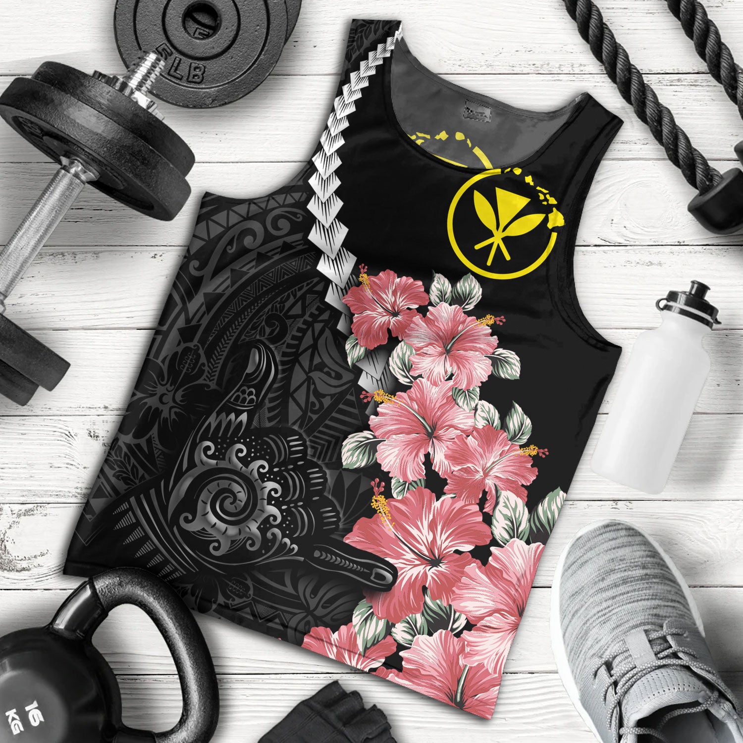 Hawaii Tank Top Shaka Hand Tropical Flowers Polynesian Designs