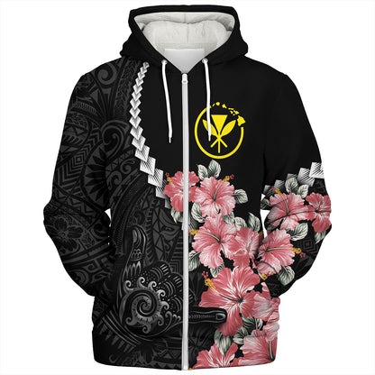Hawaii Sherpa Hoodie Shaka Hand Tropical Flowers Polynesian Designs