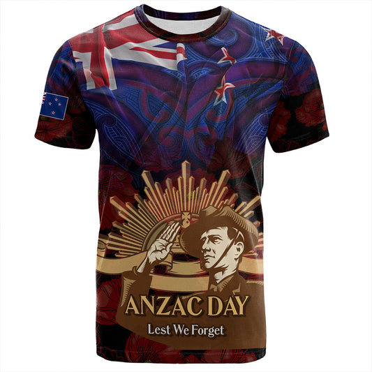 New Zealand T-Shirt - Anzac Soldier Maori Patterns