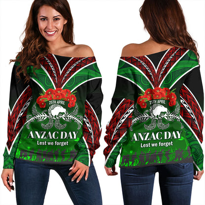 New Zealand Off Shoulder Sweatshirt - Anzac Day Silver Ferns Kiwi Birds Style